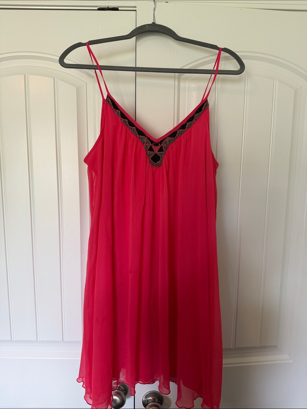 Express Hot Pink Slip Dress with Black Embroidered V-Neck